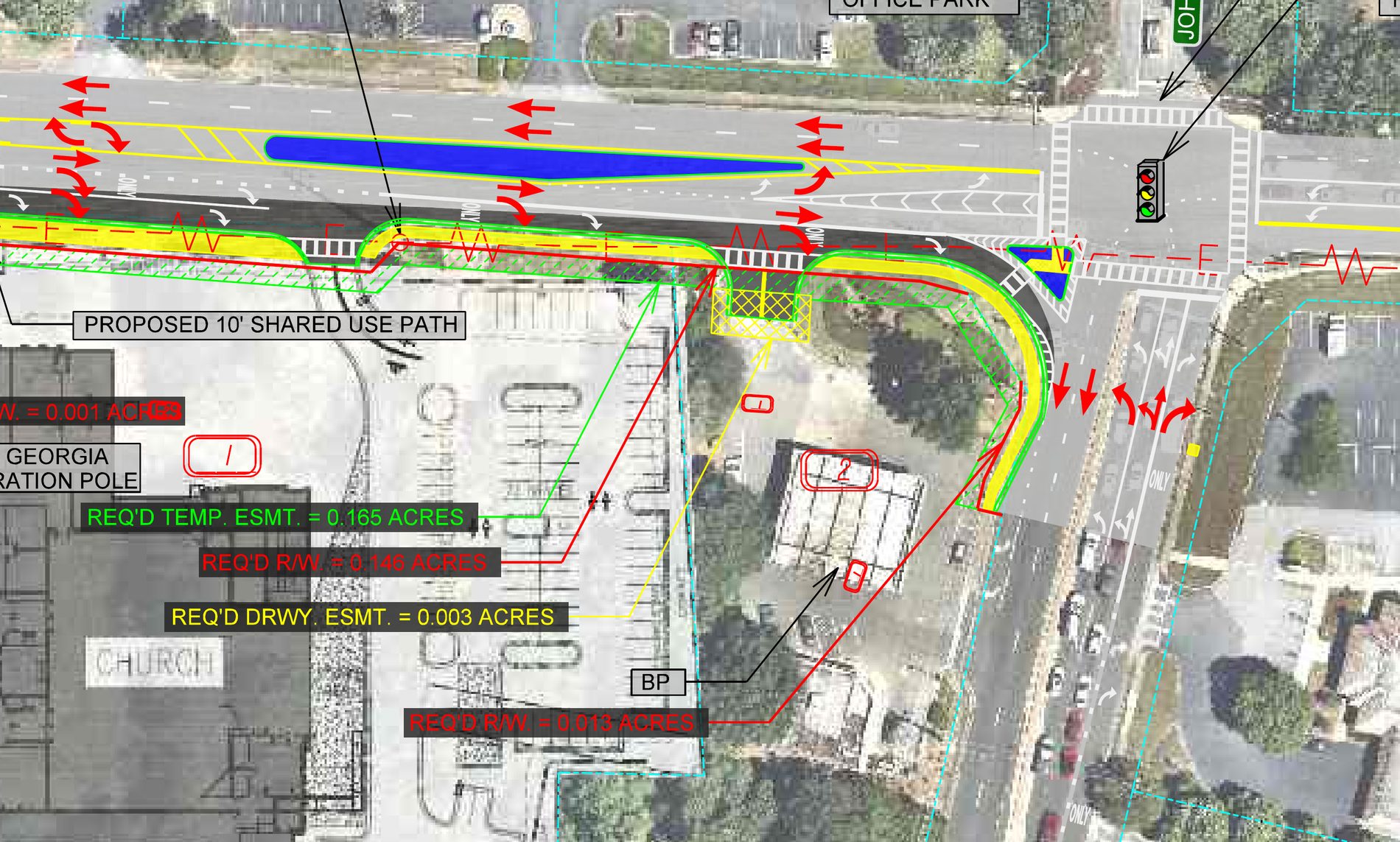 Extract from the approved concept display showing the proposed raised median on Shallowford Road, the proposed right of way line along this frontage, the driveway easement at the Shallowford entrance, and the site numbered parcel 2 and labeled BP